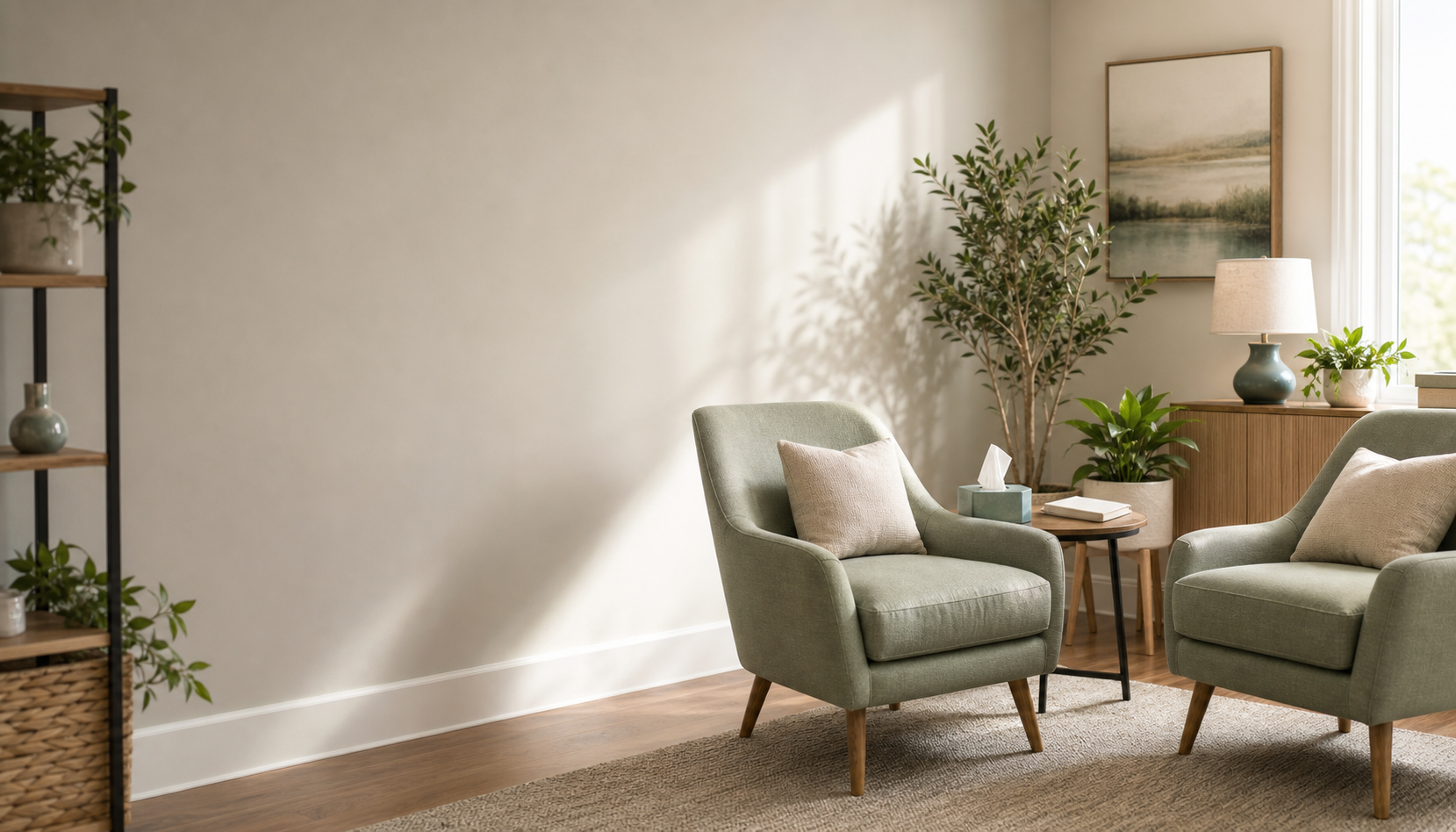 A calm therapy office with two chairs